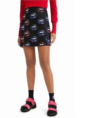 NWT DESIGUAL Black Lip Print Mini Skirt